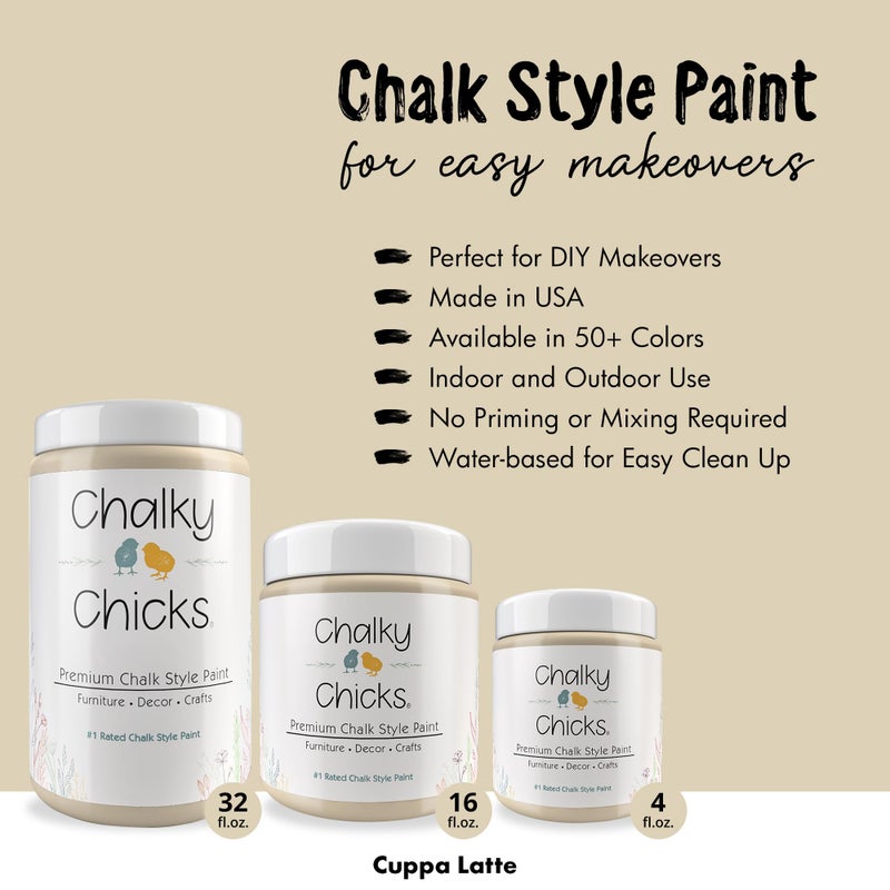 Chalky Chicks دهان الطباشير الشامل للدجاج - 32 أونصة سائلة - تشطيب غير لامع بلون كابا لاتيه تان للأثاث المعدني والخشبي - لا حاجة للصنفرة - شامل لتزيين المنزل والحرف اليدوية، صنع في الولايات المتحدة - Image 2